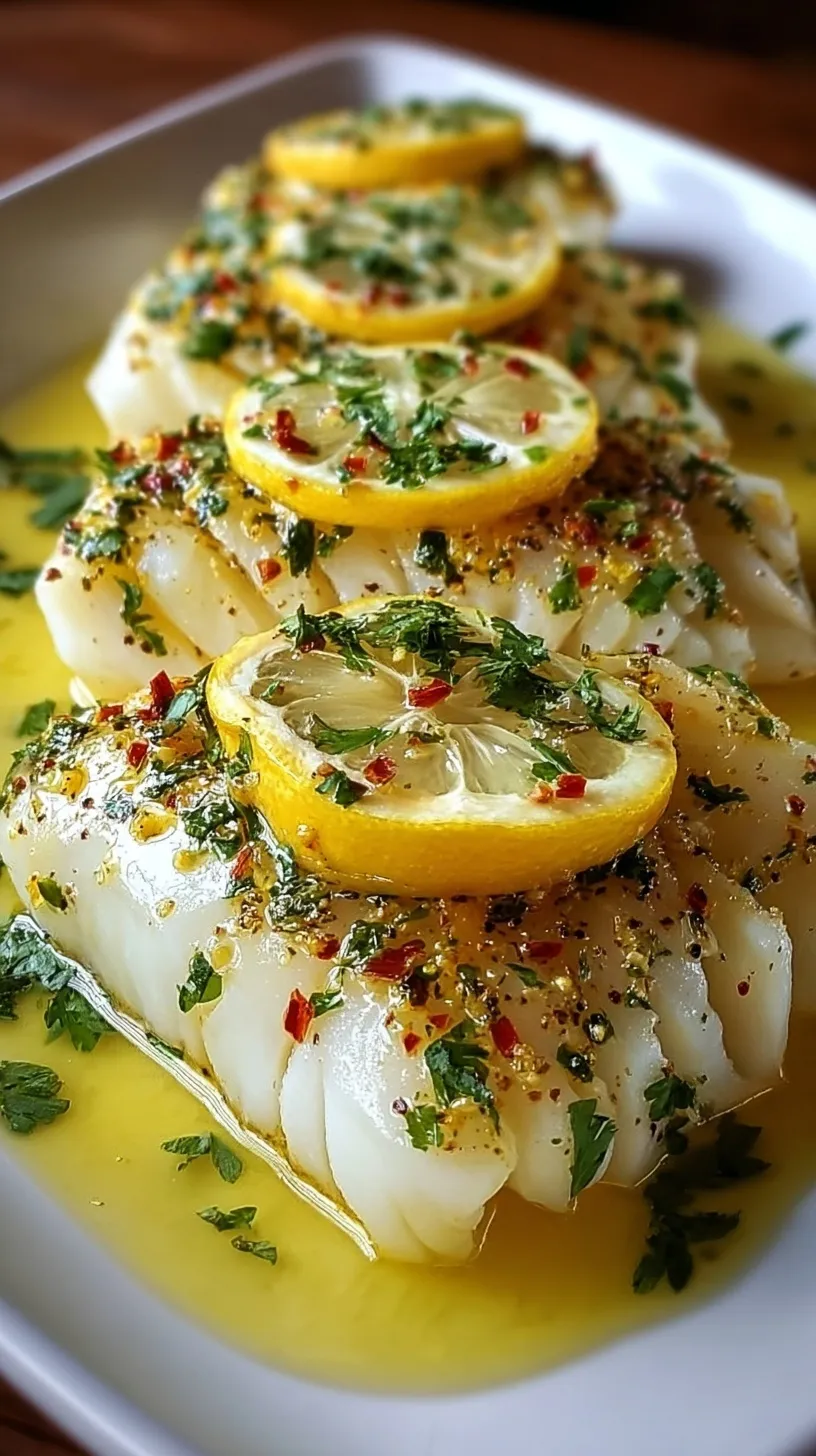 Flaky white cod fillets topped with lemon slices and fresh parsley in a baking dish.