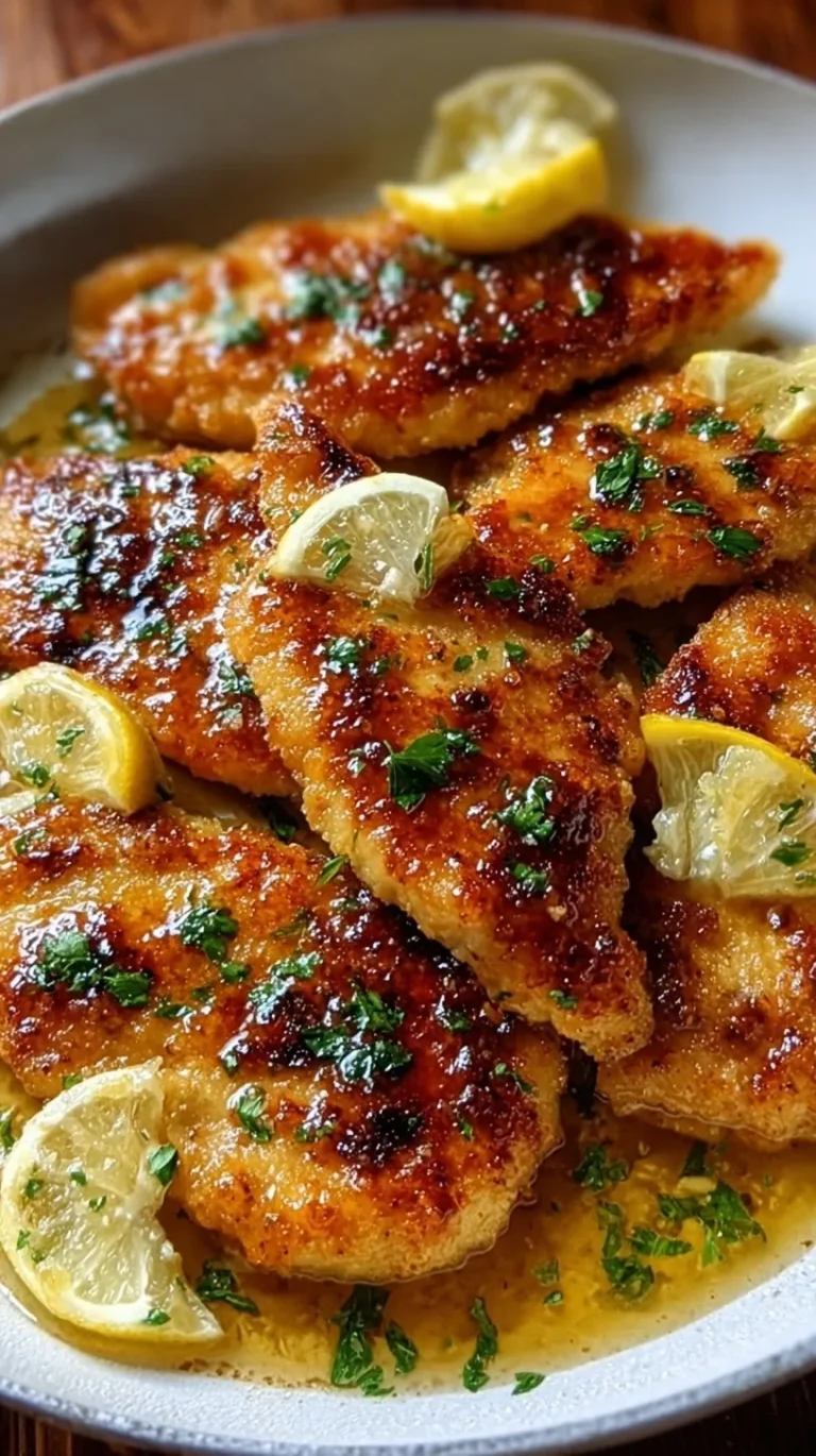 Golden pan-seared lemon butter chicken cutlets in a skillet with lemon slices and parsley.