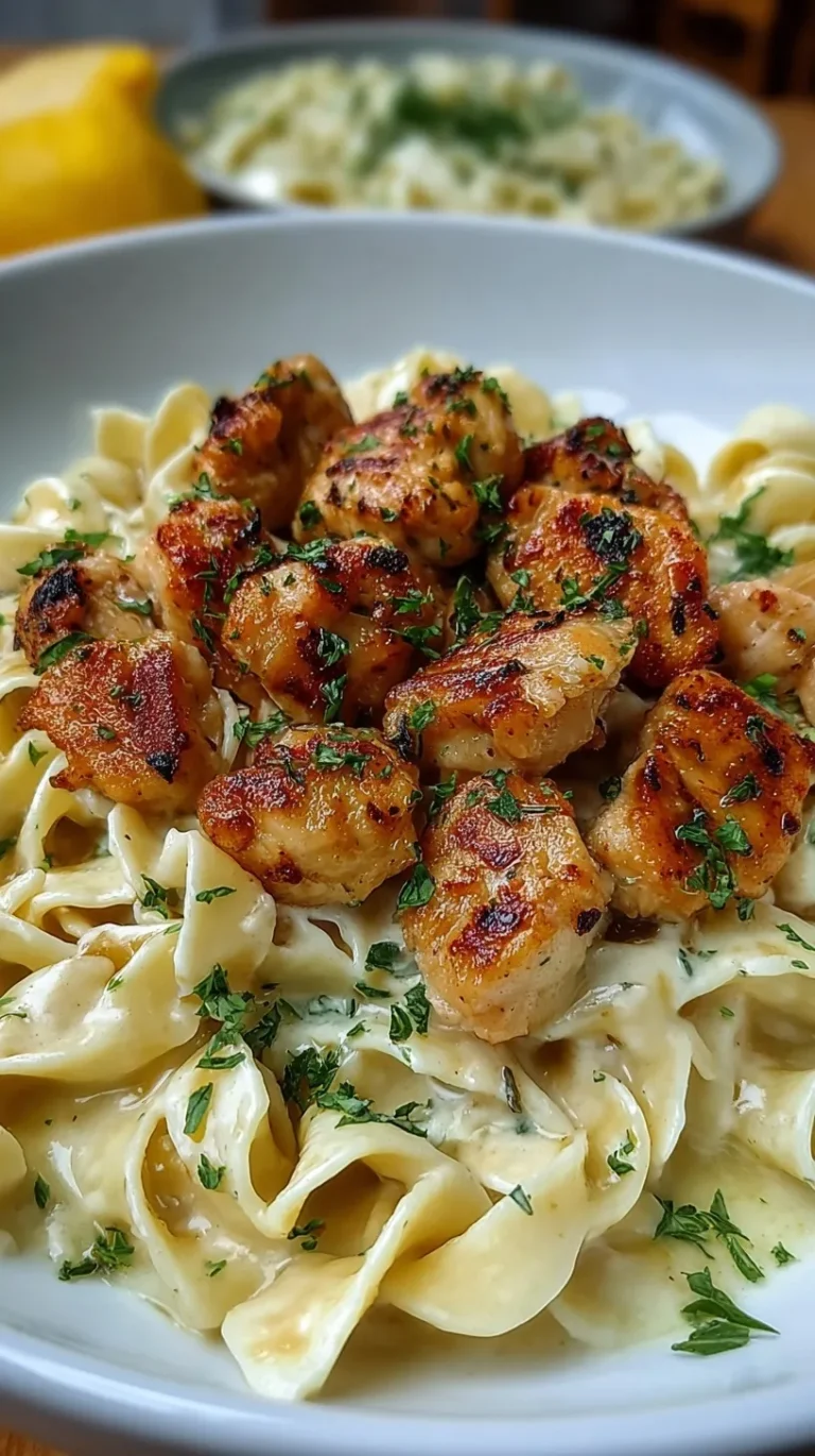 A bowl of creamy lemon garlic chicken pasta with parmesan cheese and fresh parsley