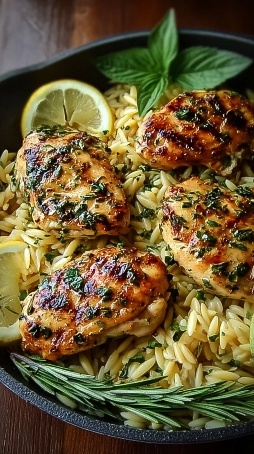 Golden seared chicken breasts served over a bed of herb-flecked orzo pasta with lemon slices.