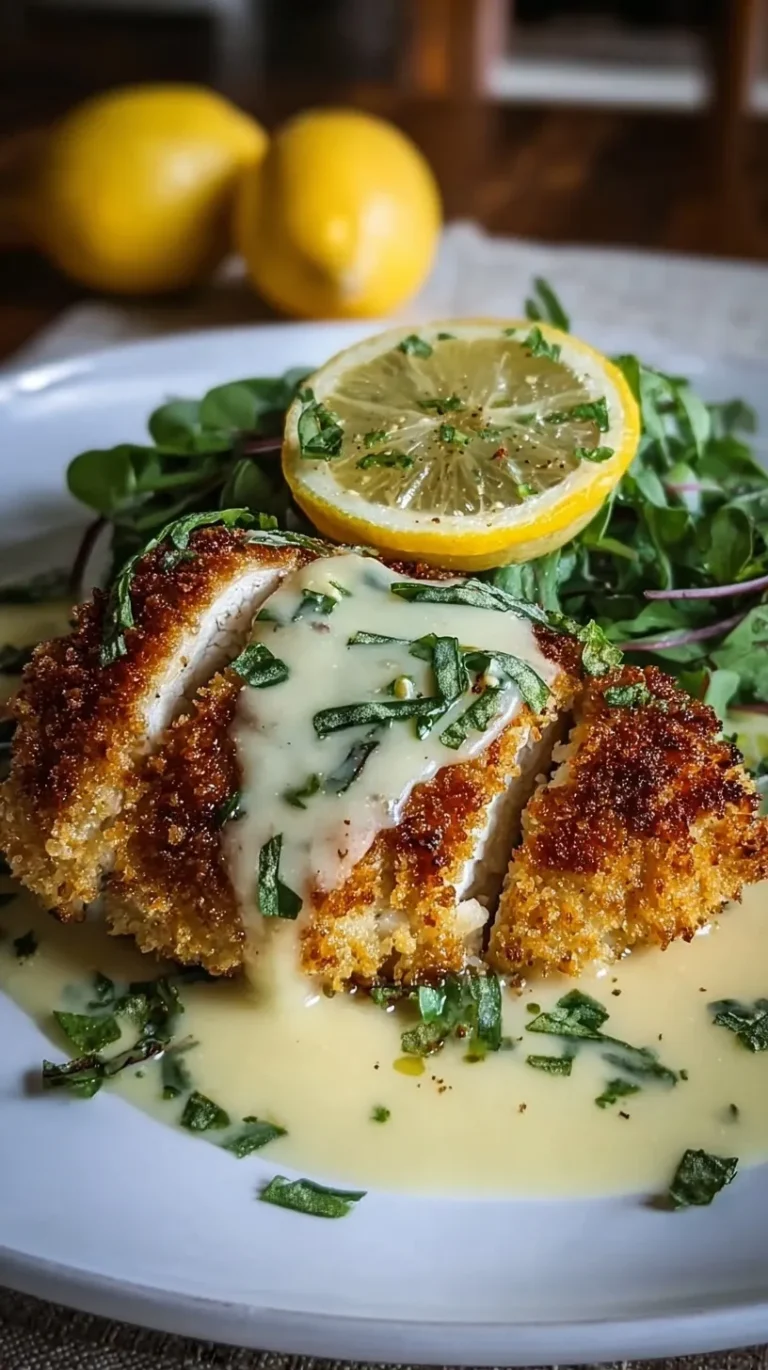 Golden brown crispy chicken breasts topped with a creamy lemon sauce and fresh parsley.