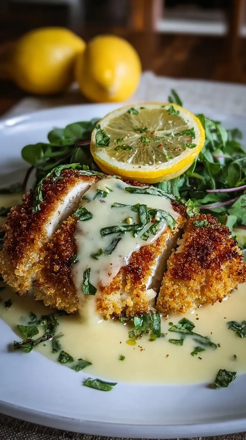 Golden brown crispy chicken breasts topped with a creamy lemon sauce and fresh parsley.
