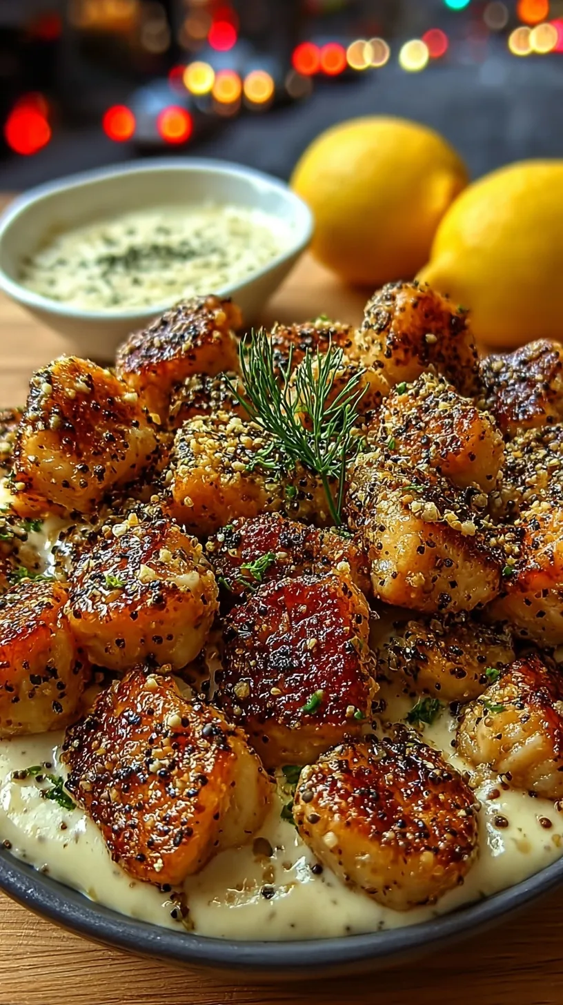 Golden brown lemon pepper chicken cubes served with a side of creamy tartar sauce and fresh lemon wedges.