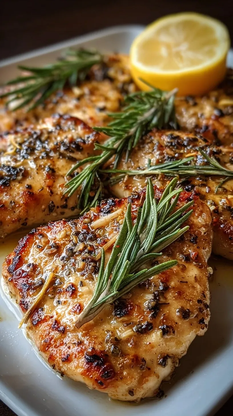 Golden baked chicken breasts topped with fresh rosemary sprigs and lemon slices in a baking dish.