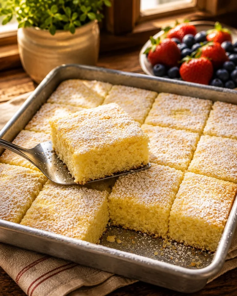Slice of lemon sheet cake topped with lemon frosting and fresh lemon slices