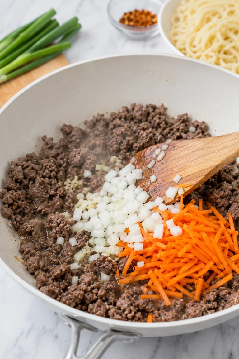 Ground beef and sliced vegetables in a skillet
