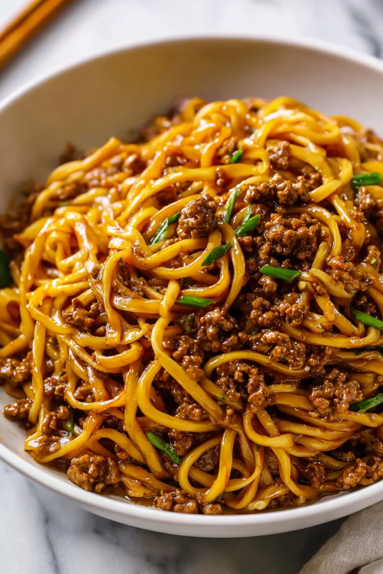 Ground beef lo mein ready to serve in a bowl