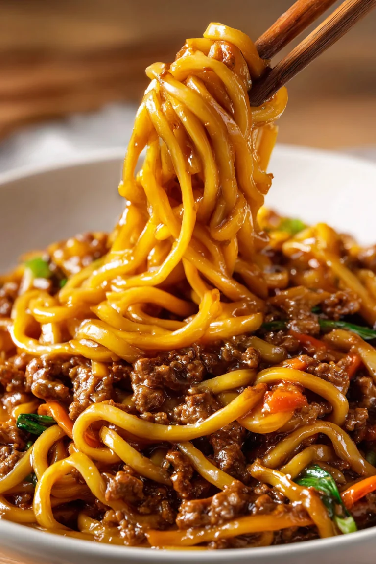 Chopsticks lifting sauced noodles with ground beef
