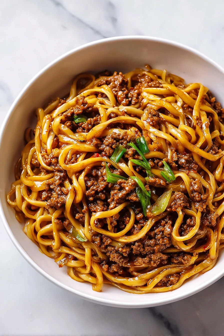 Ground beef lo mein noodles ready to serve