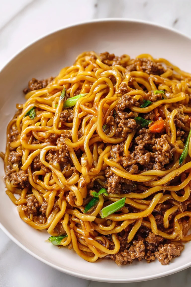 A plate of ground beef lo mein with green onions
