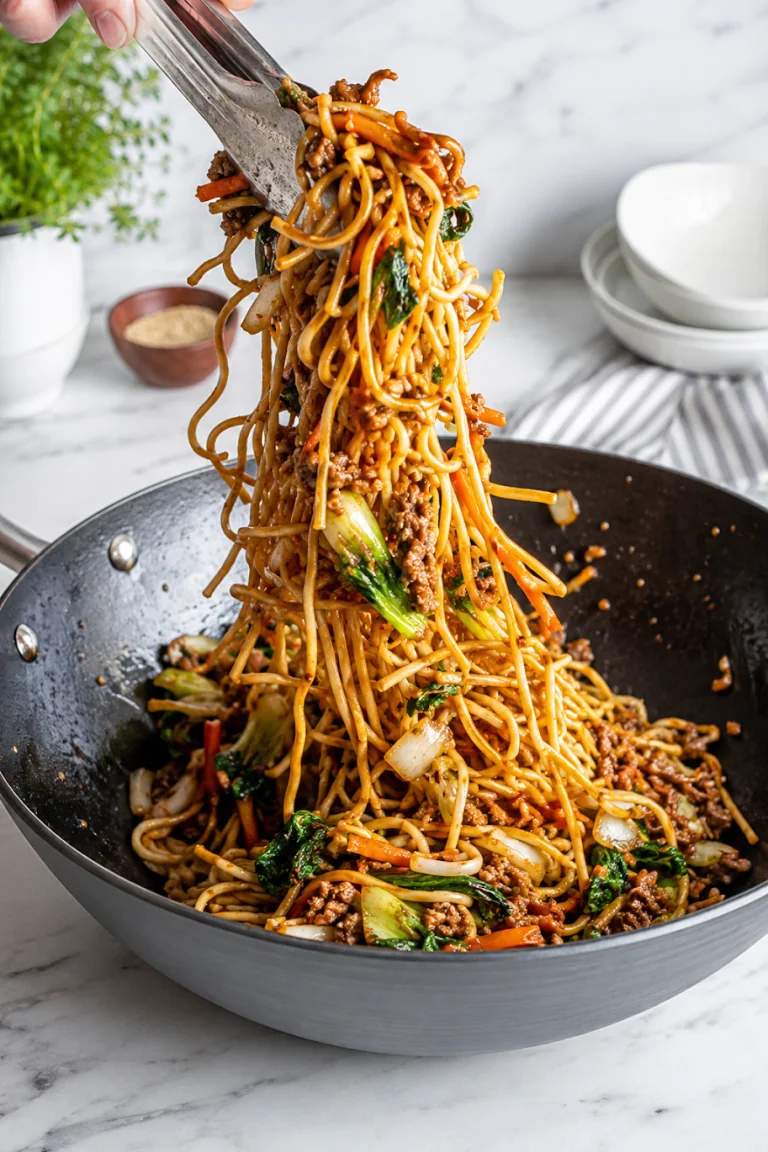 Beef lo mein noodles being lifted and tossed in a wok