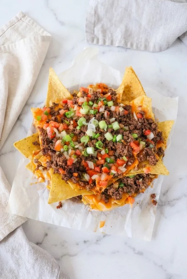 Loaded Air Fryer Nachos topped with cheese, jalapeรฑos, and guacamole
