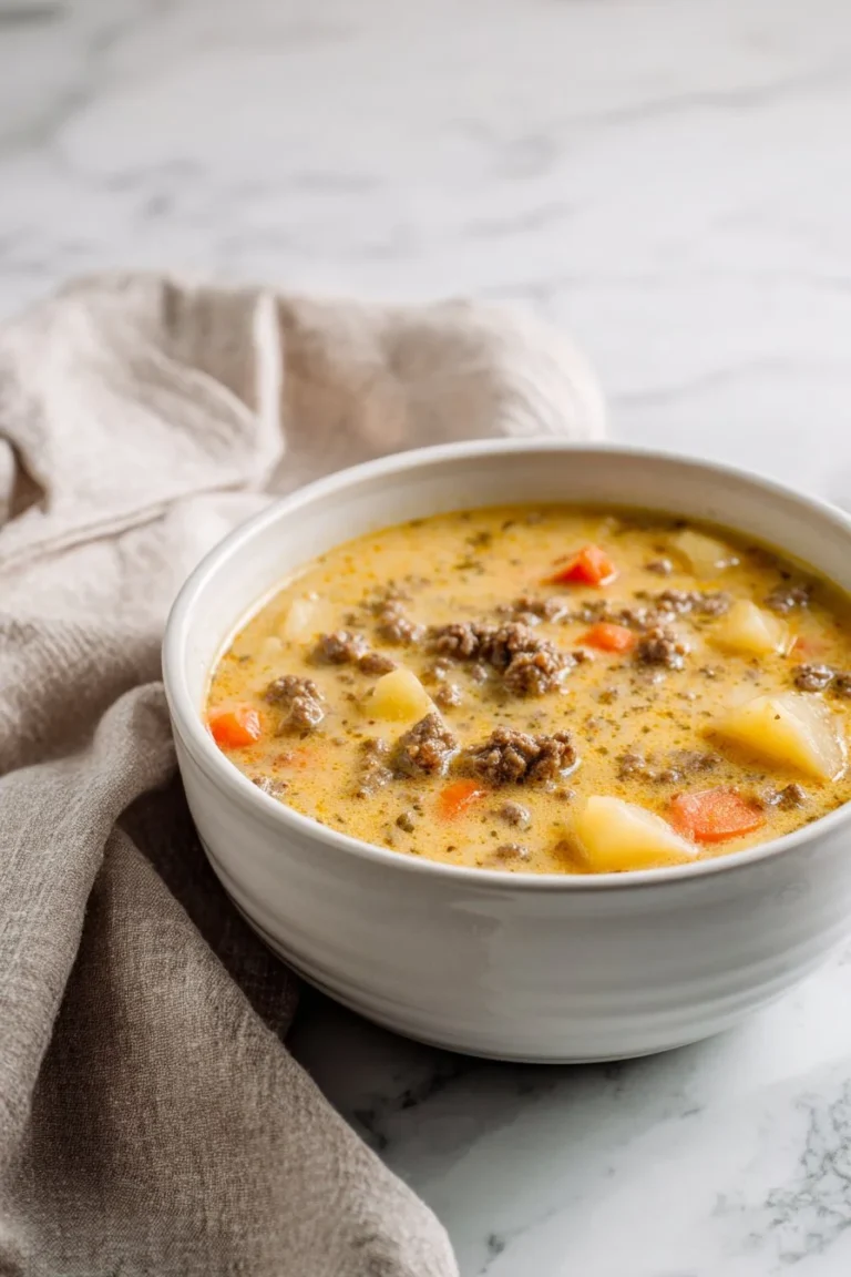 Bowl of loaded cheeseburger soup with toppings