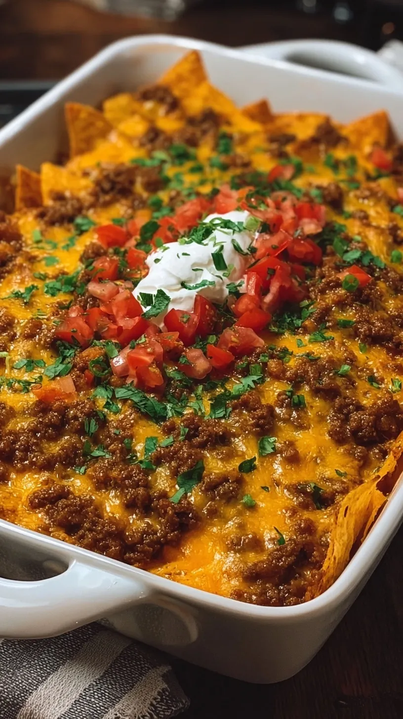 A 9x13 baking dish filled with layered tortilla chips, seasoned ground beef, black beans, corn, and melted Mexican cheese topped with salsa and sour cream.