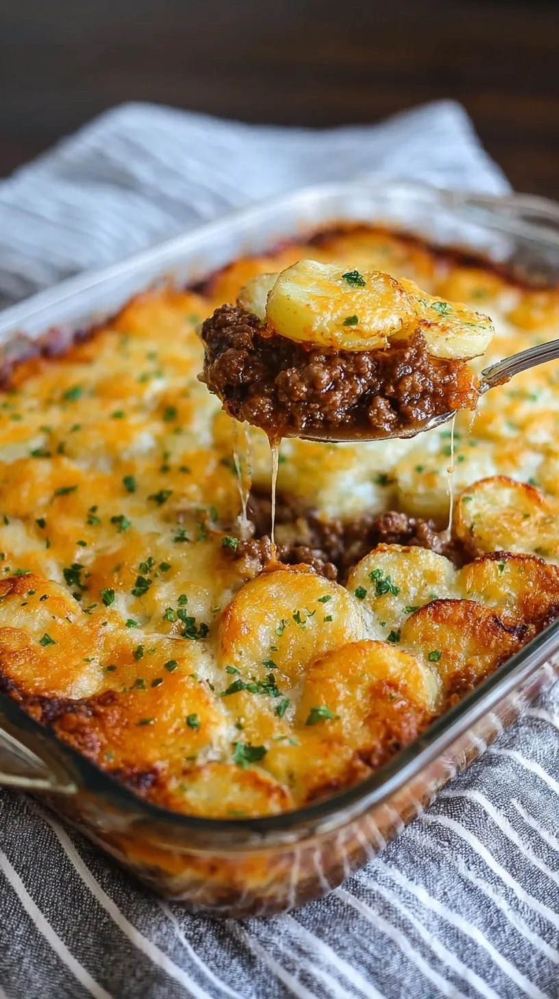 A bubbling casserole dish filled with cheesy beef and cubed potatoes topped with bacon and green onions.