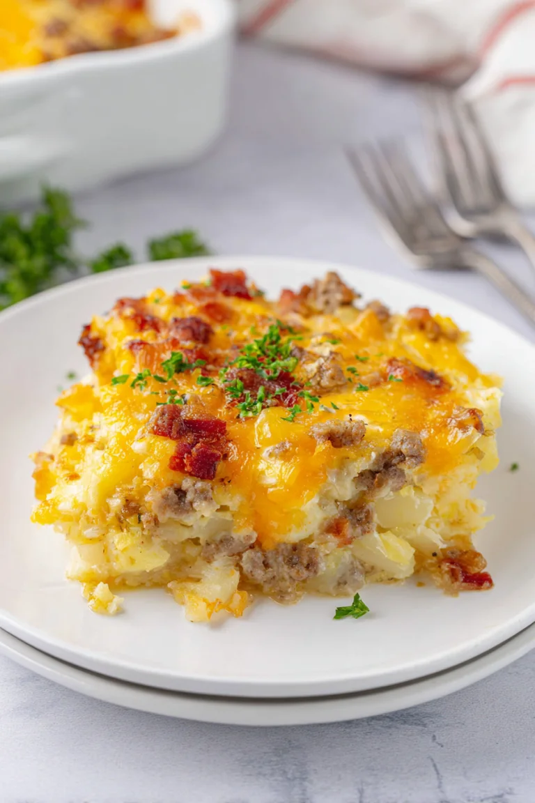 Slice of cheesy breakfast casserole with sausage, eggs, peppers and potatoes on a plate