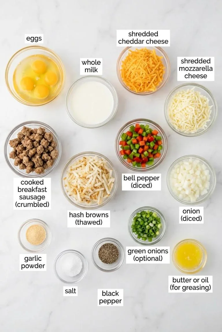 Ingredients for a cheesy sausage breakfast casserole arranged on a board