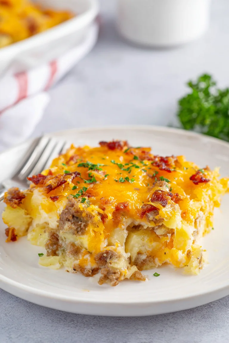 Close-up slice of baked cheesy breakfast casserole with sausage and peppers