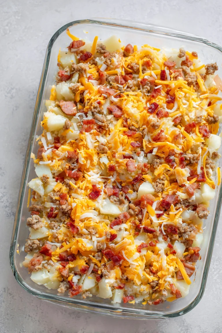 Unbaked breakfast casserole with eggs sausage vegetables and cheese in a glass dish