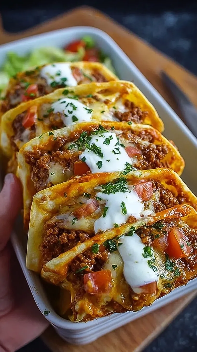 Crispy golden brown flour tortilla pockets filled with seasoned beef and melted cheese on a white platter.