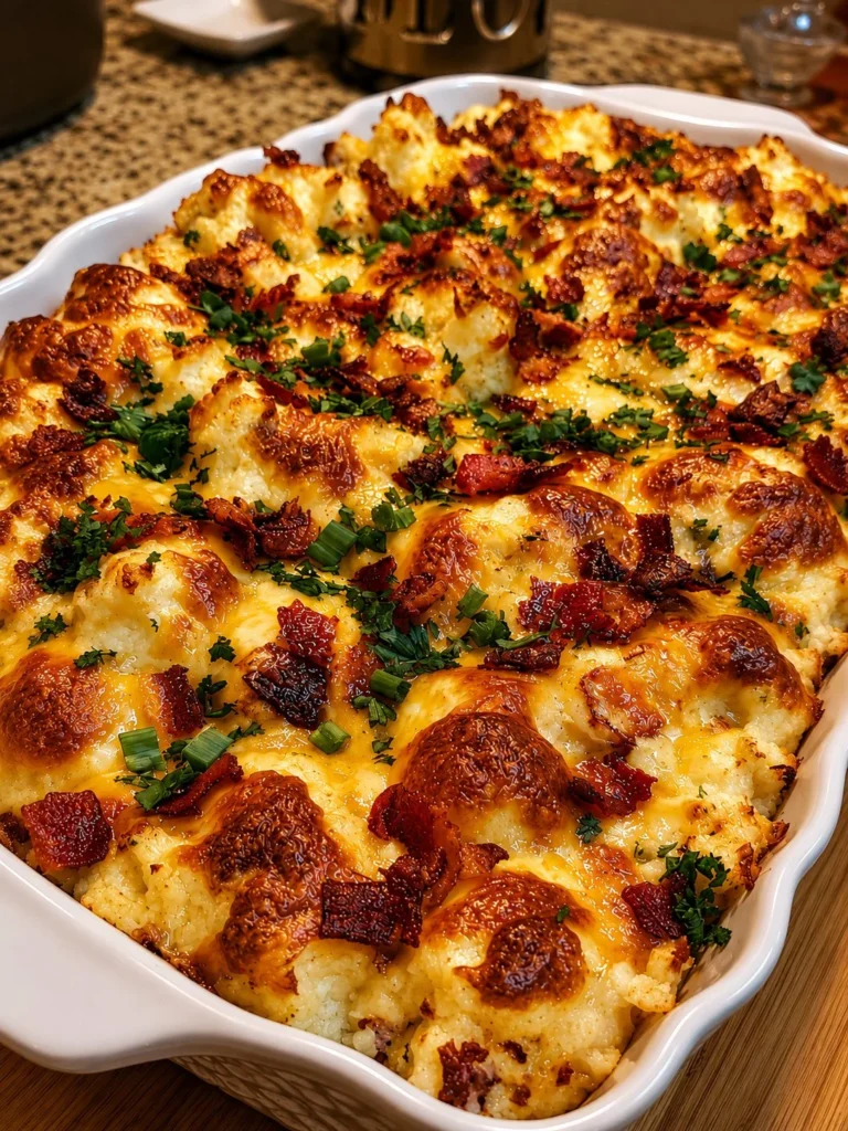 Delicious loaded mashed potatoes casserole topped with cheese and herbs