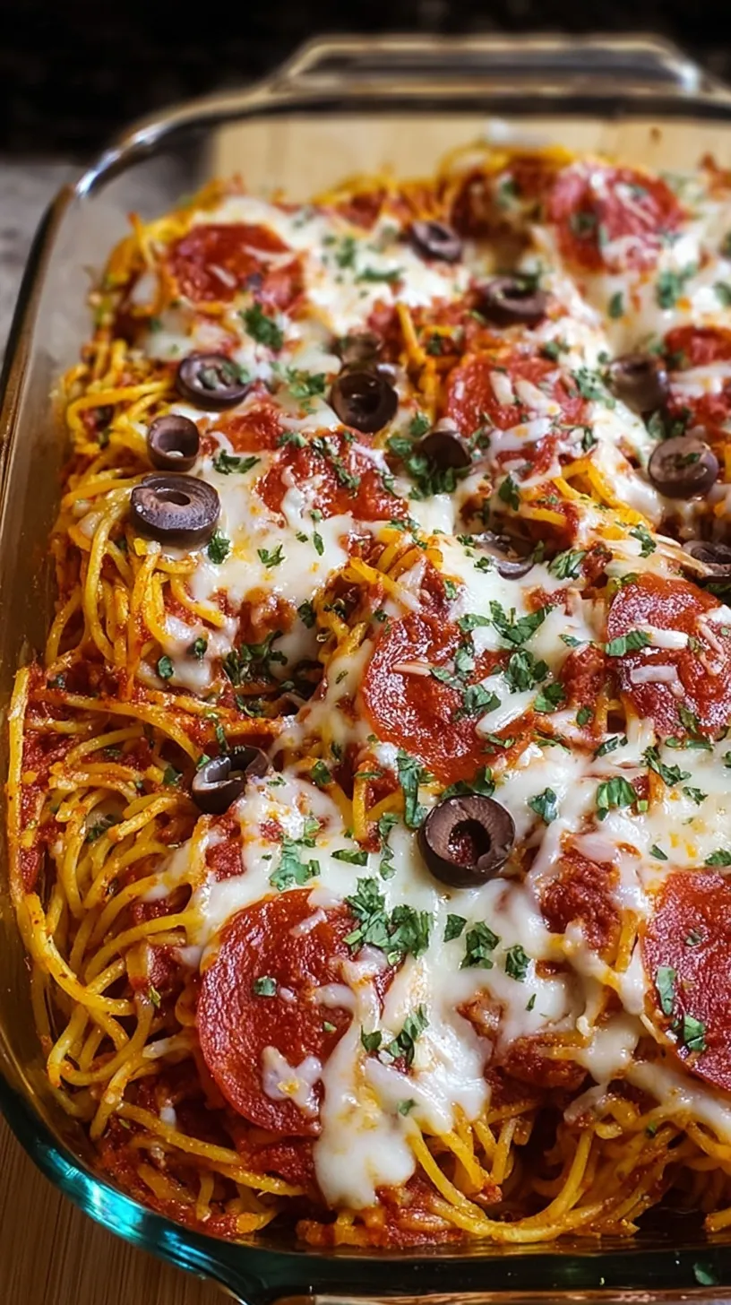 A 9x13 baking dish filled with cheesy pizza spaghetti bake topped with pepperoni and peppers.