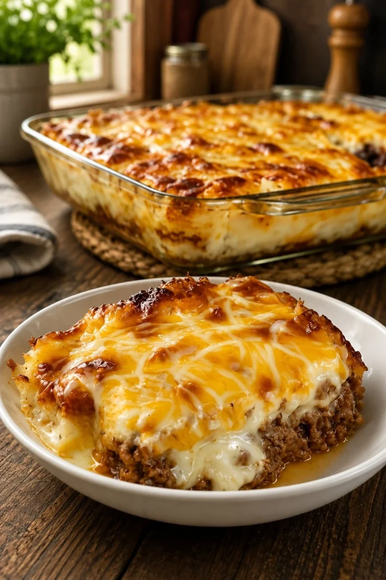 Loaded potato and meatloaf casserole topped with cheese and green onions