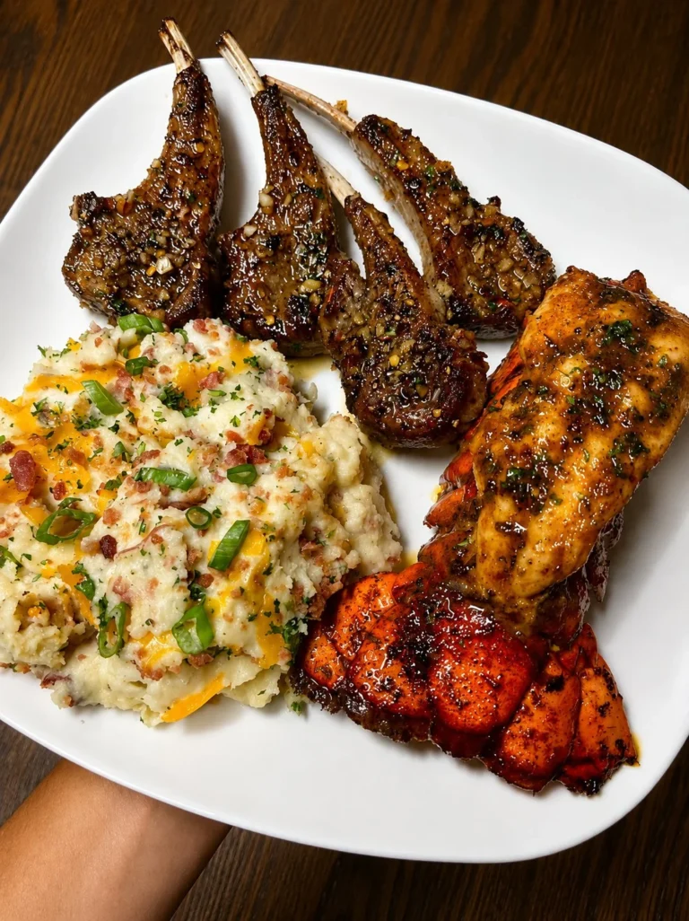 Gourmet lobster and lamb dish served with loaded mashed potatoes