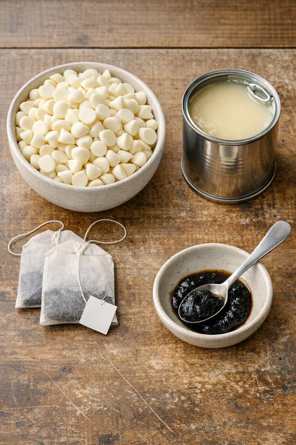 White chocolate, condensed milk, Earl Grey tea, and vanilla for fudge