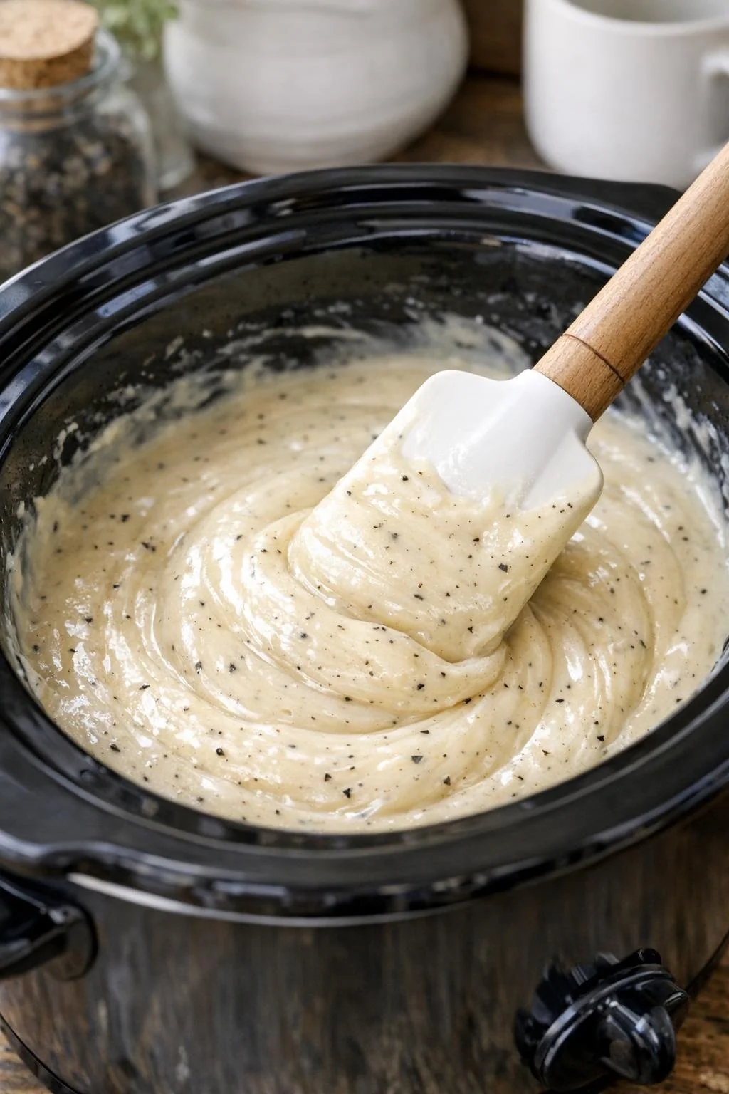 Smooth melted white chocolate fudge in a slow cooker