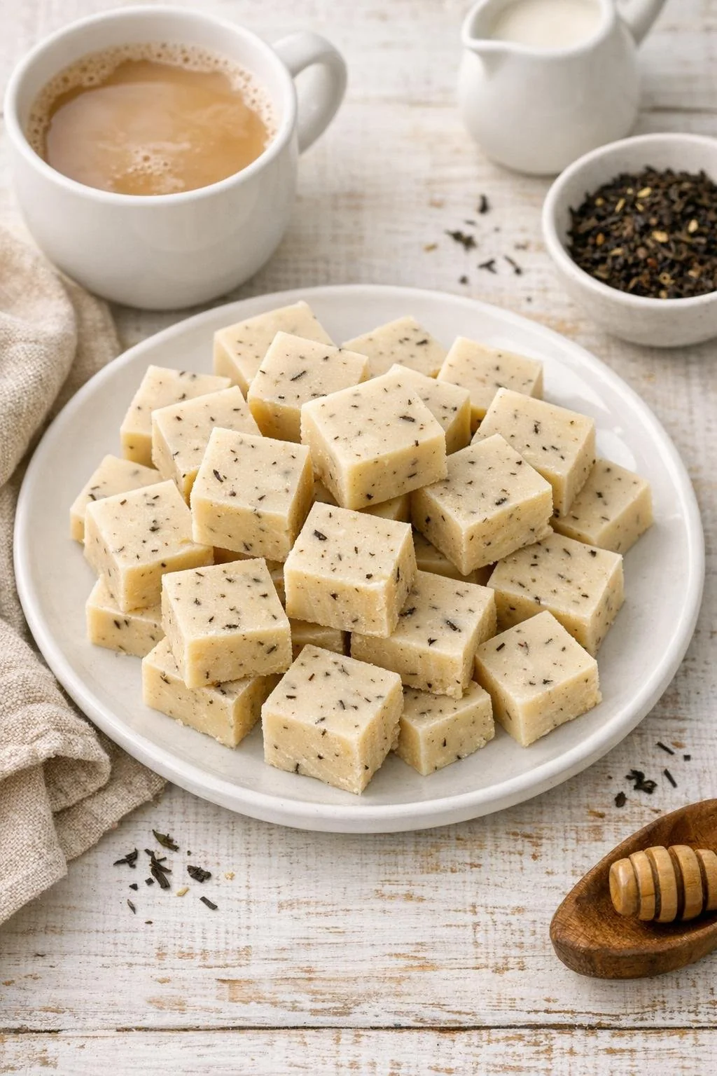 Small squares of London Fog latte fudge plated for serving