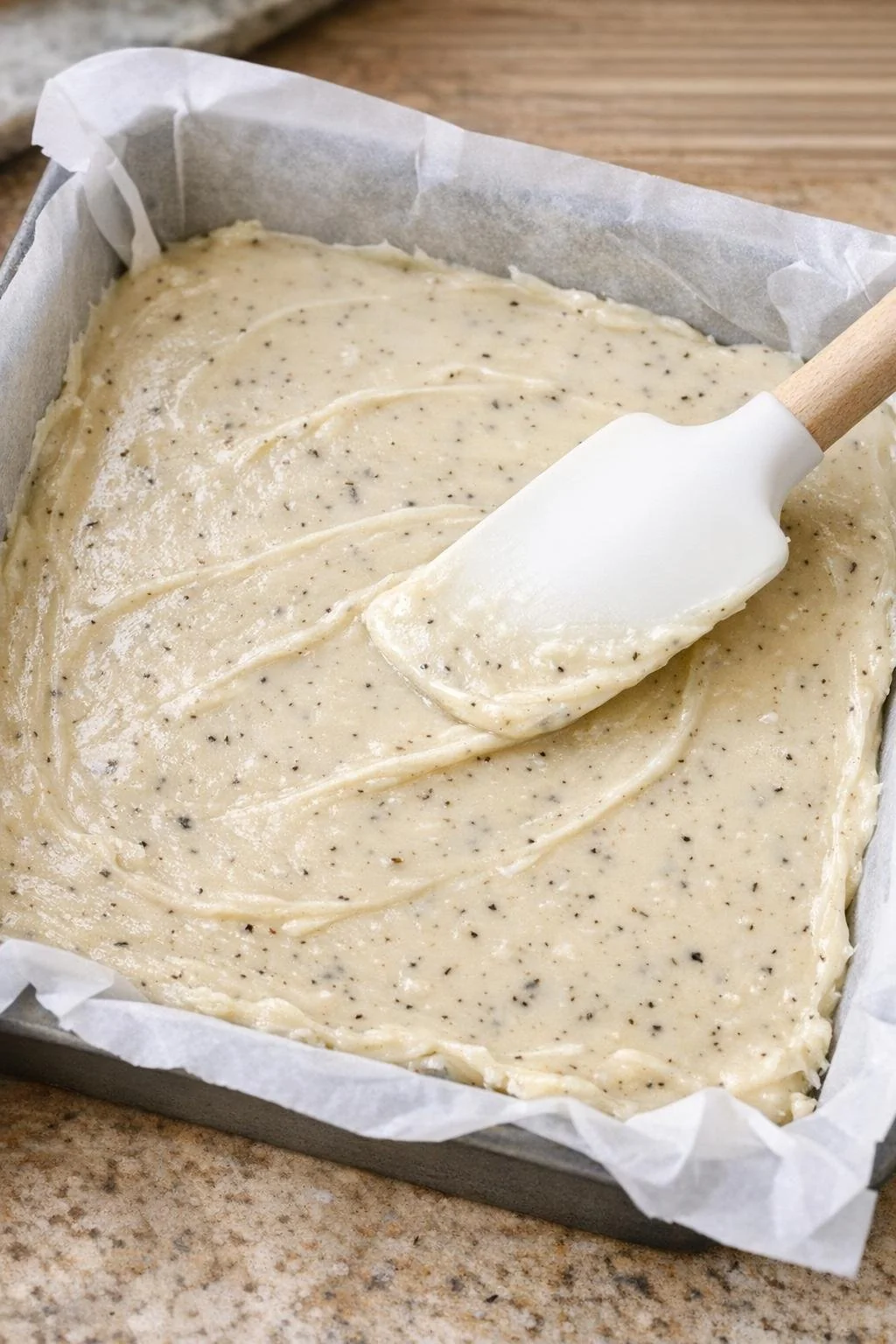 London Fog fudge spread evenly in a parchment-lined pan