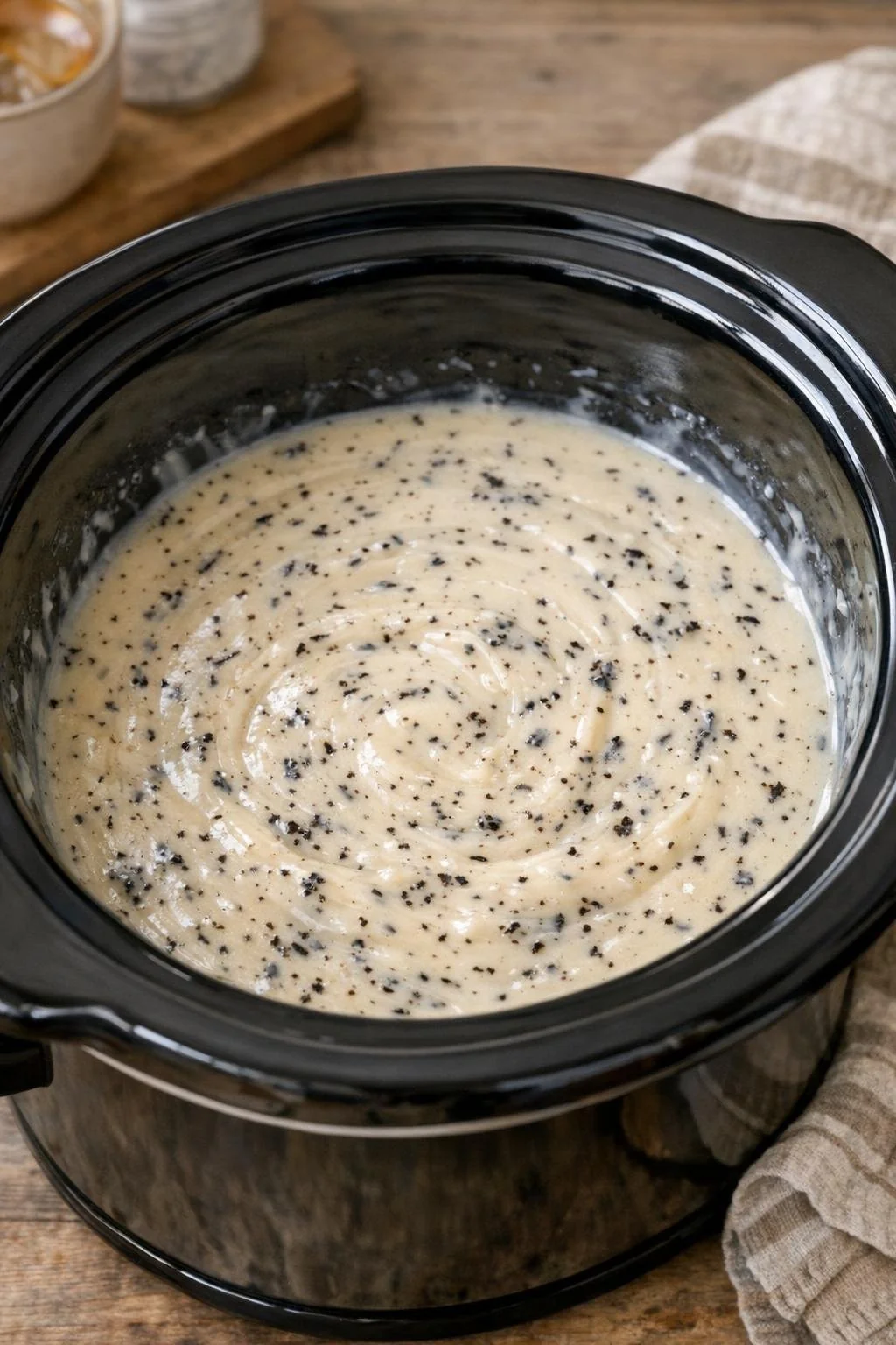 Earl Grey tea leaves infusing in sweetened condensed milk
