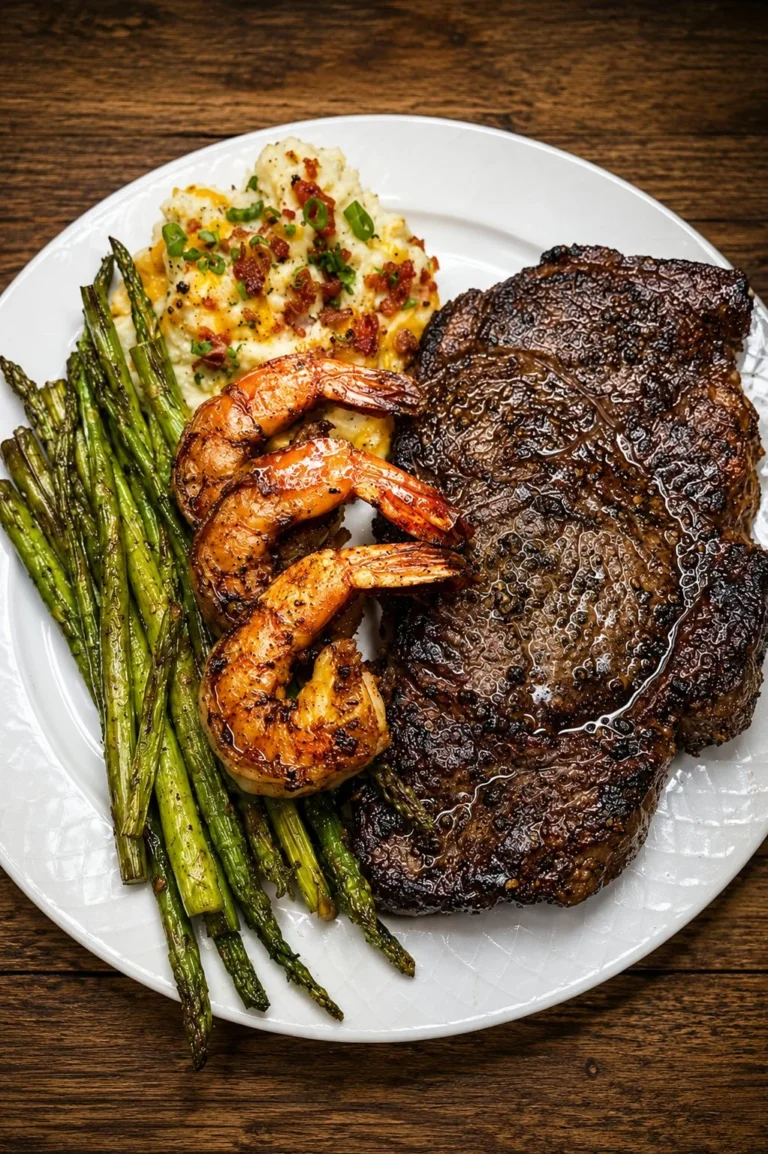 Delicious steak dinner featuring loaded mashed potatoes, shrimp, and asparagus on a plate.