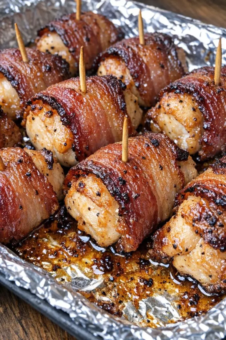 Low carb 3-ingredient bacon-wrapped chicken bites on a platter