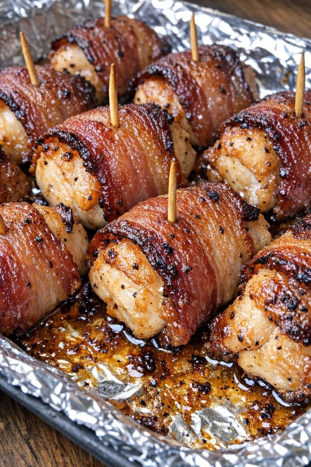 Low carb 3-ingredient bacon-wrapped chicken bites on a platter