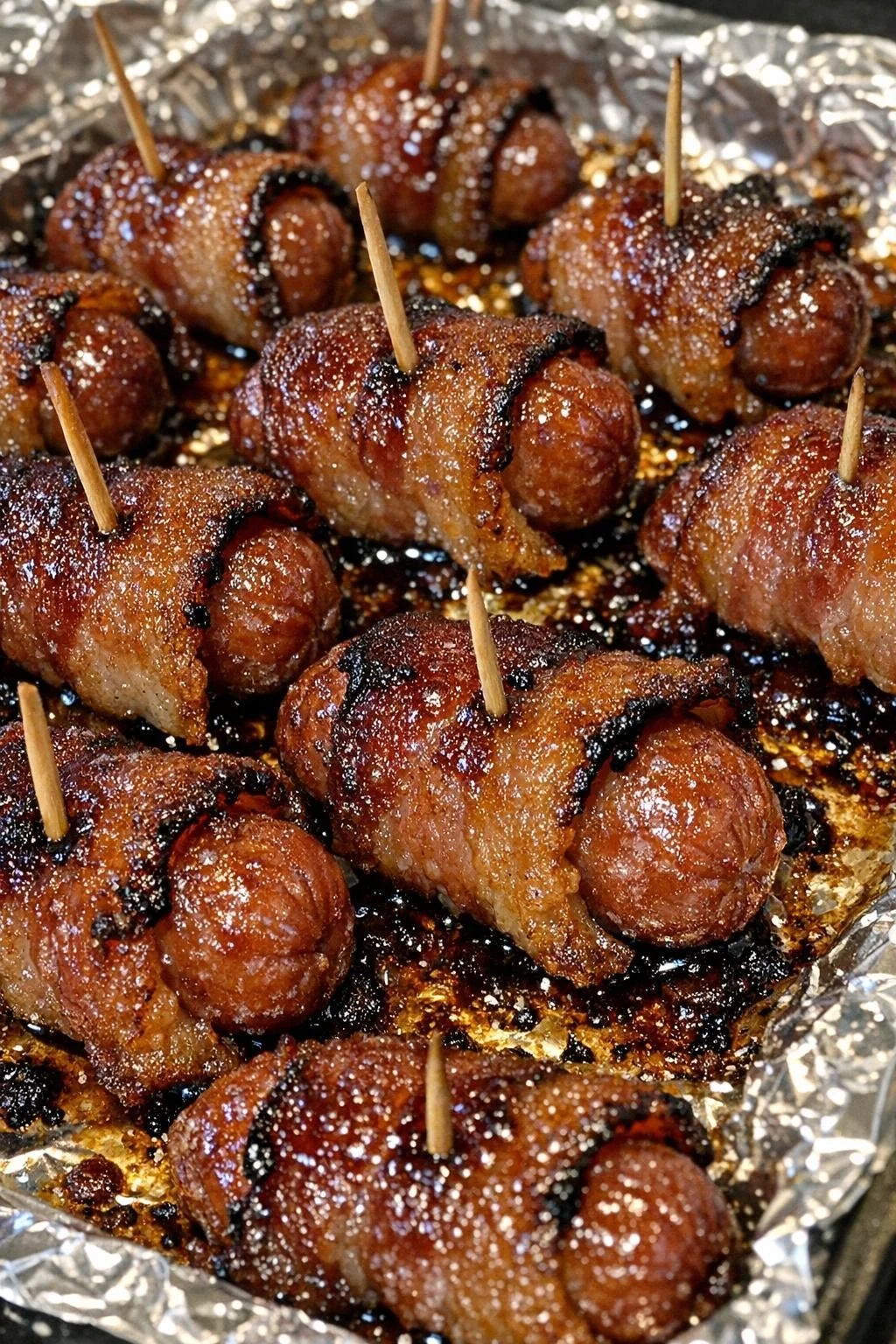 Bacon-wrapped smokies on a platter ready to serve at a party