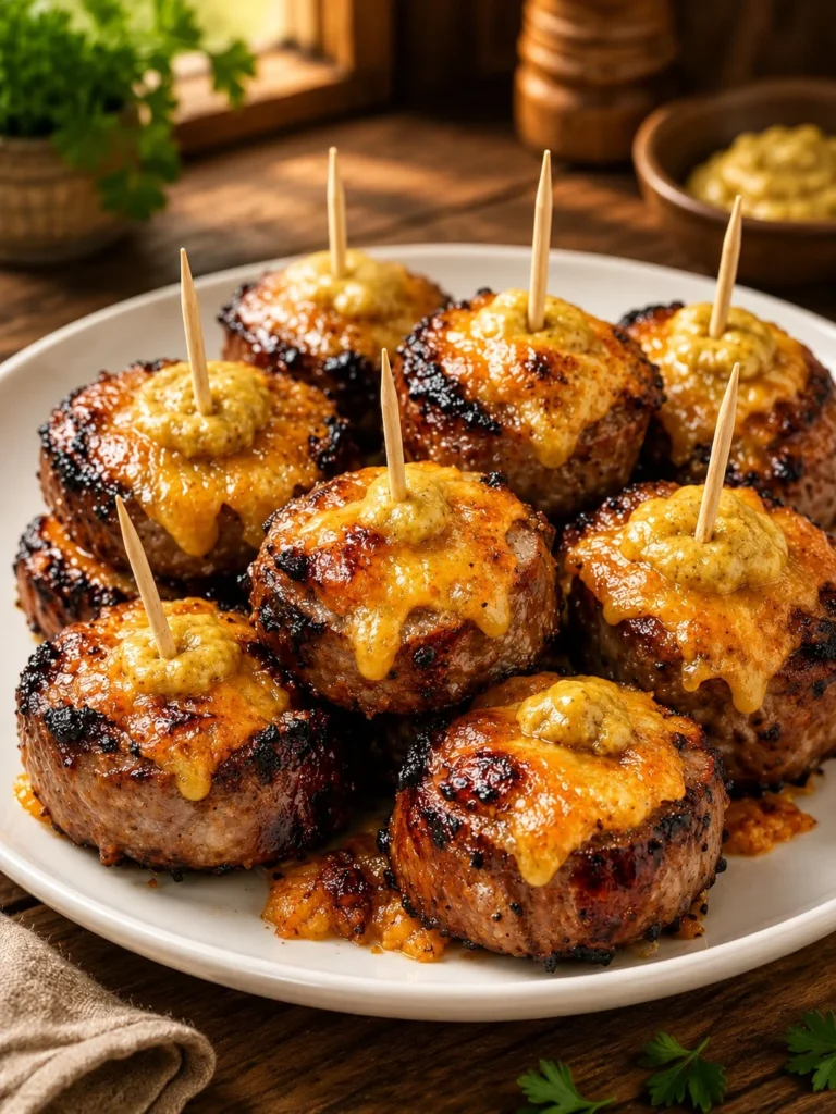 Low carb cheddar bratwurst bites on a plate, garnished with herbs