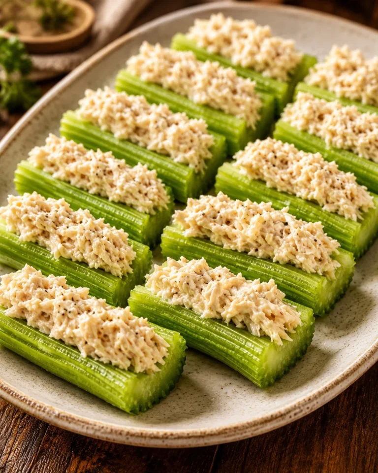 Low carb chicken bites served in celery sticks for a healthy snack