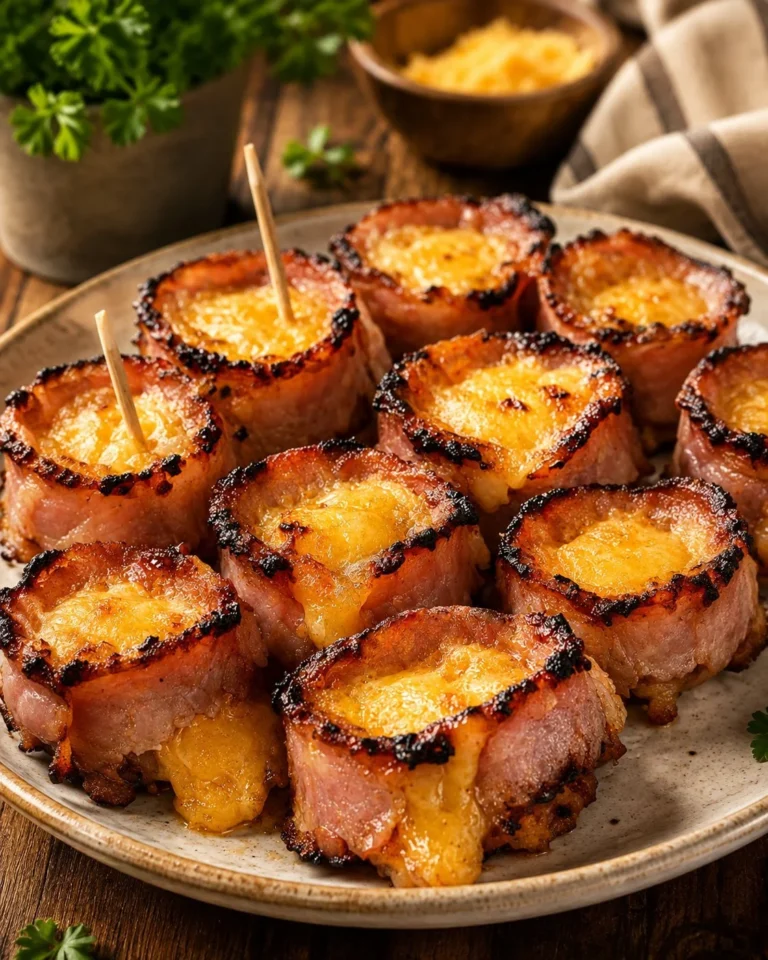 Low carb 3-ingredient ham cheddar bites served on a plate