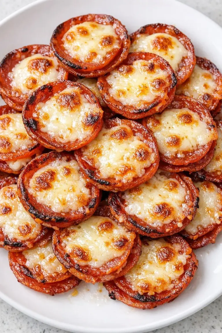 Plate of low carb 3-ingredient pepperoni mozzarella bites ready to serve