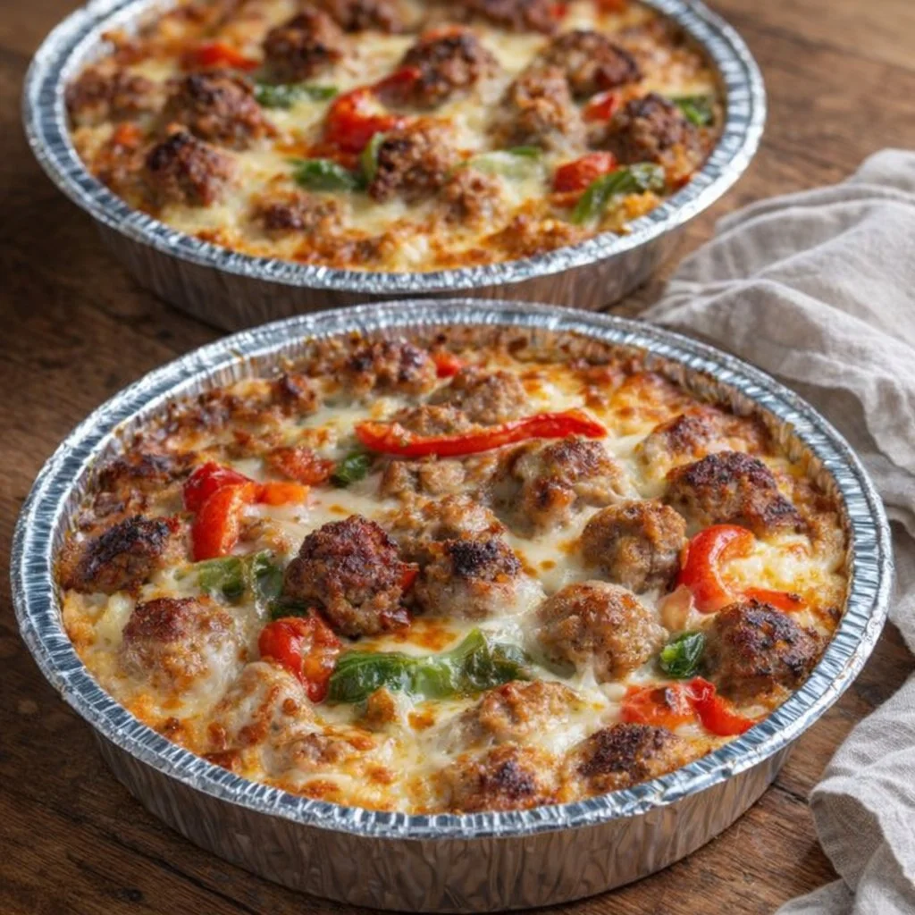 Low carb cauliflower pizza casserole served in a dish