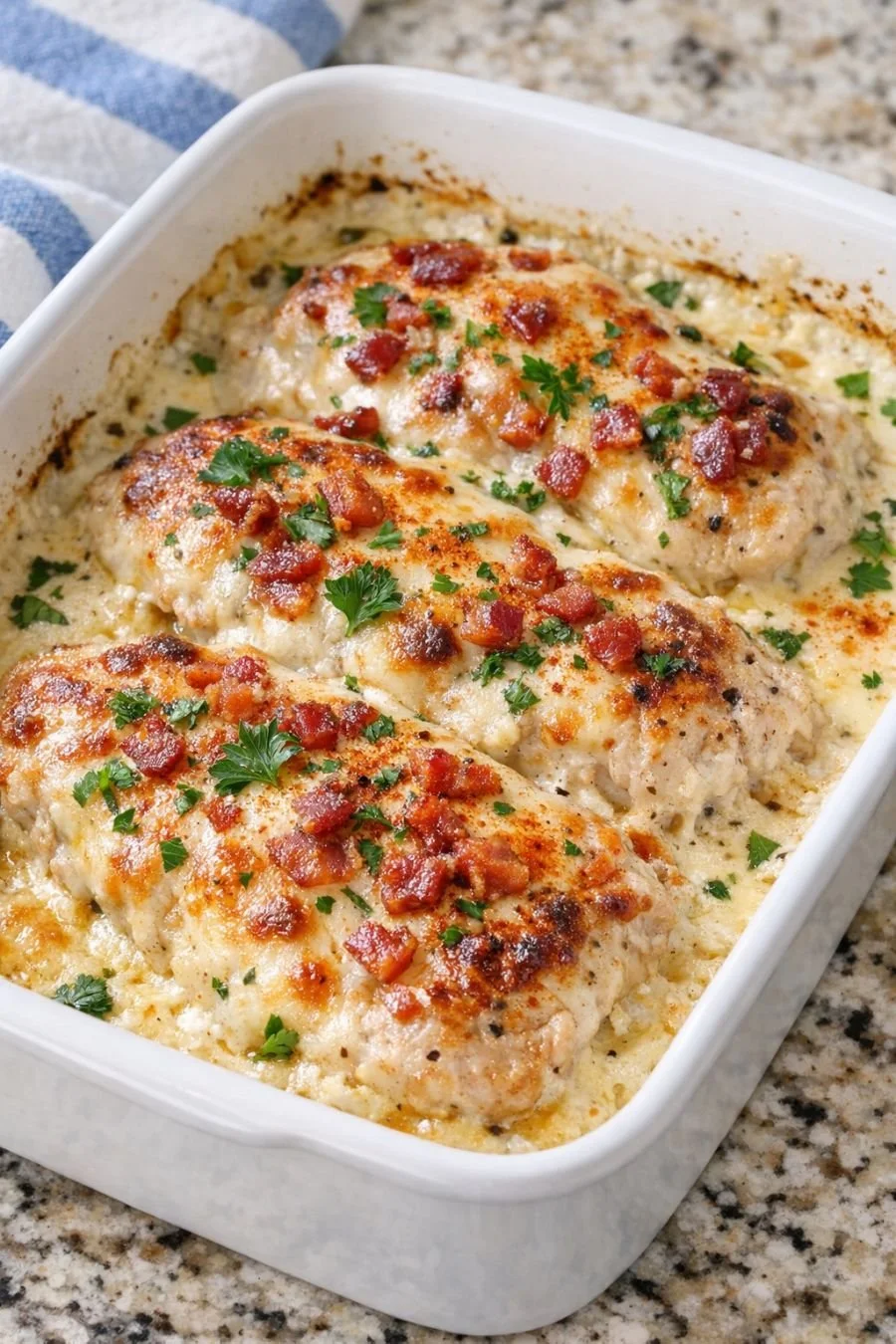 Low carb creamy ranch pork bake topped with herbs and spices.
