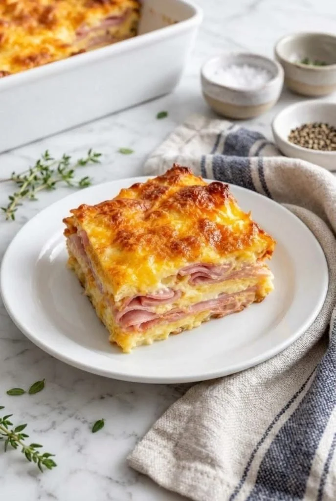 Low-carb ham and cheese breakfast bake served in a baking dish