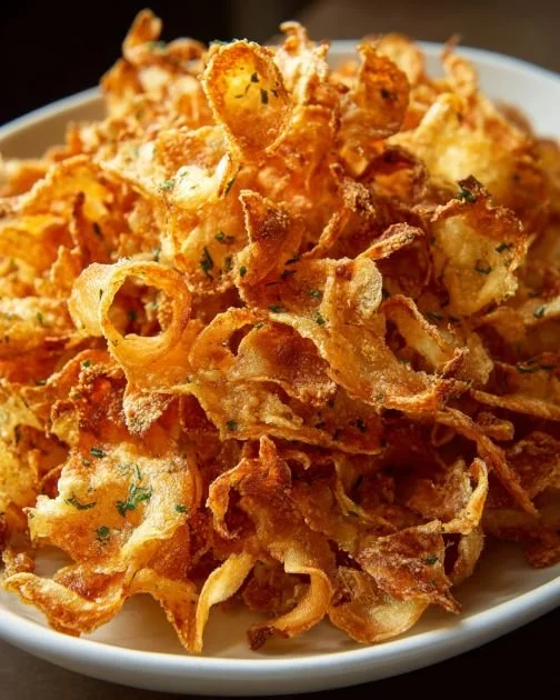Herb-infused low carb pork loin chips on a wooden board
