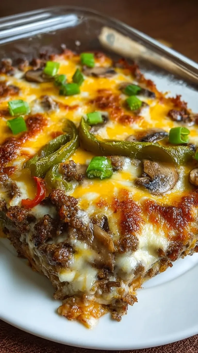 Low Carb Philly Cheese Steak Casserole in a baking dish with melted provolone cheese and green peppers.