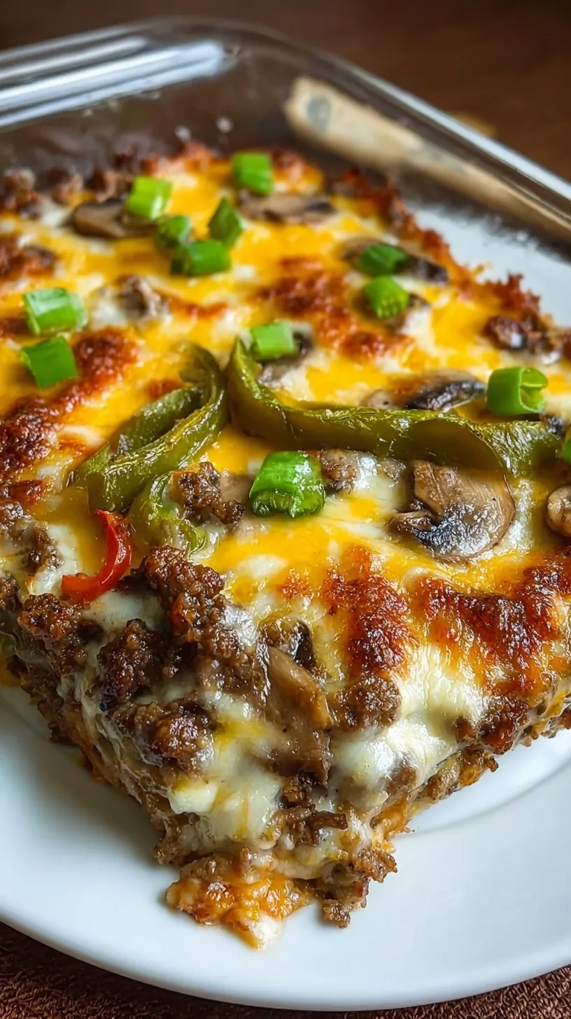 Low Carb Philly Cheese Steak Casserole in a baking dish with melted provolone cheese and green peppers.