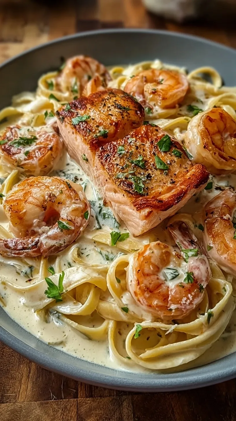 Large skillet of creamy garlic salmon and shrimp alfredo with fettuccine and spinach