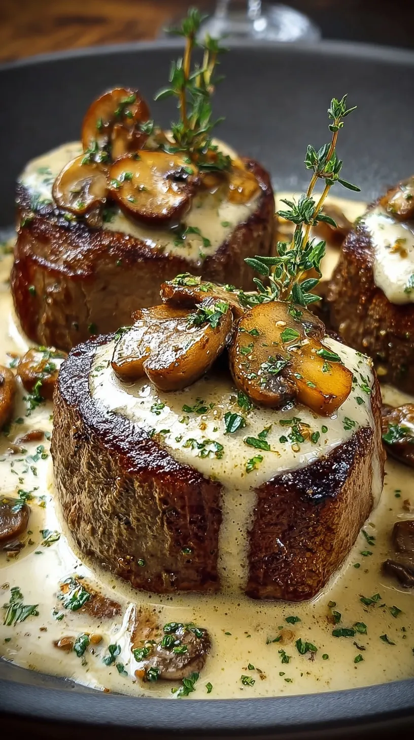Pan-seared beef tenderloin medallions topped with a rich mushroom cream sauce and parsley