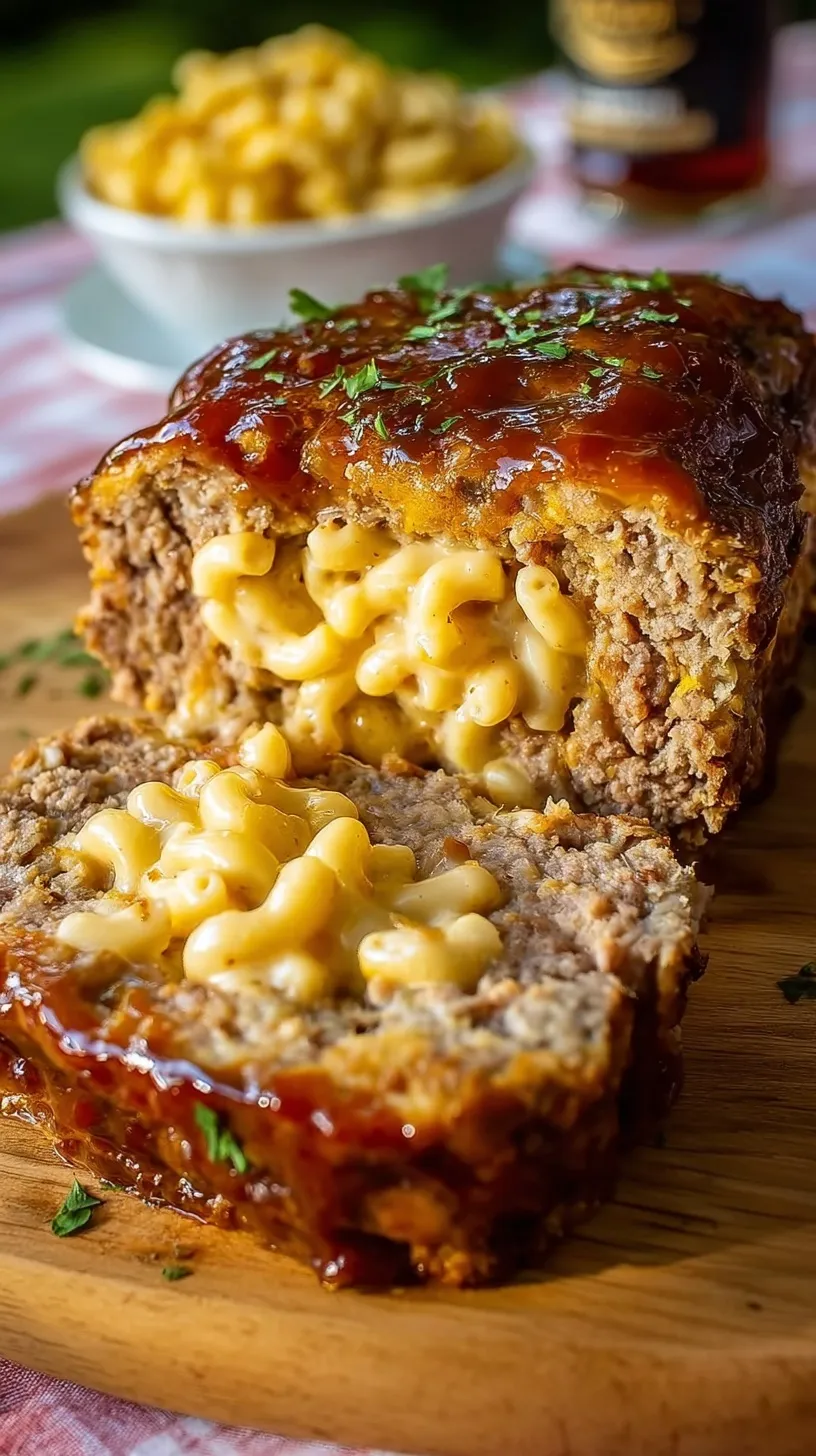 A savory meatloaf stuffed with creamy macaroni and cheese and finished with a red glaze.